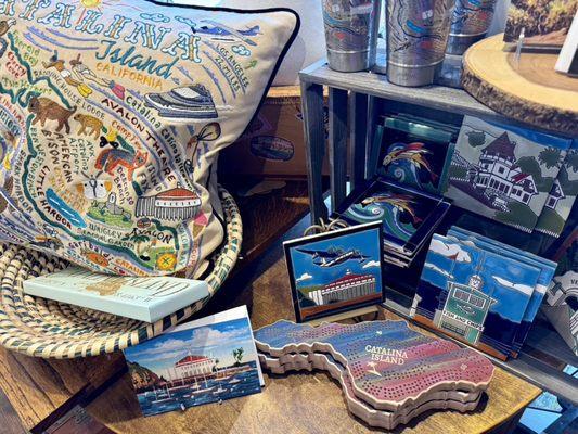 Decorative pillow, Catalina-shaped cribbage board, coasters