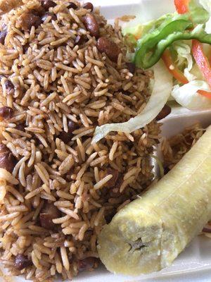 Red beans and rice plus salad, a Plantain, and a spicy scotch bonnet coleslaw...