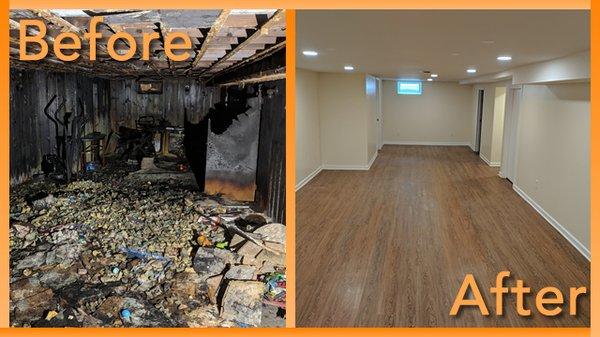 Restoration of a room after severe damage by fire and smoke