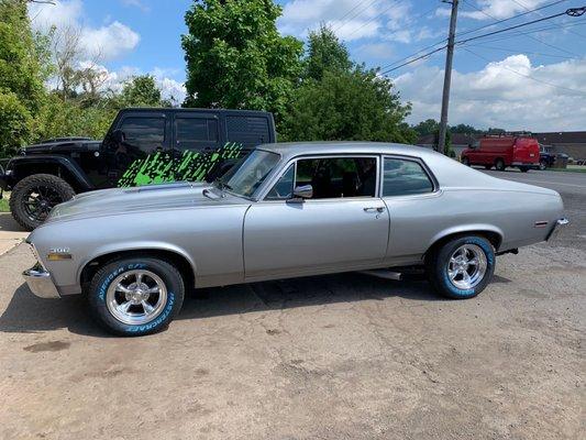 White wall tires on American racing wheels on a beautiful muscle car