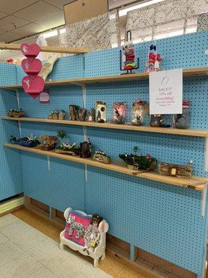 Fairy garden logs, refinished heart shelves, and bench