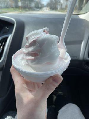 Strawberry soft serve topped with marshmallow