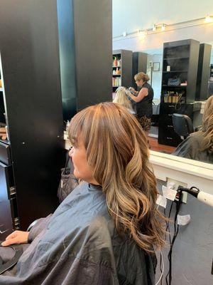 Highlights, root touch up, haircut, blowdry