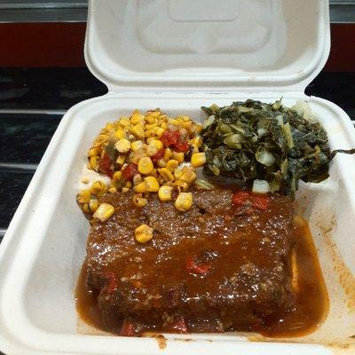 Meatloaf with turnip greens.