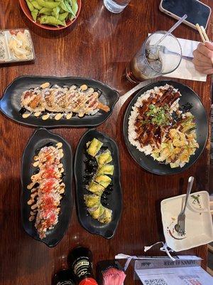 The caterpillar roll, Booty booty, teriyaki bowl, and the nude - our Philly roll came out later.