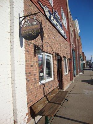 Outside of the building, view looking south (towards the chocolate shop).