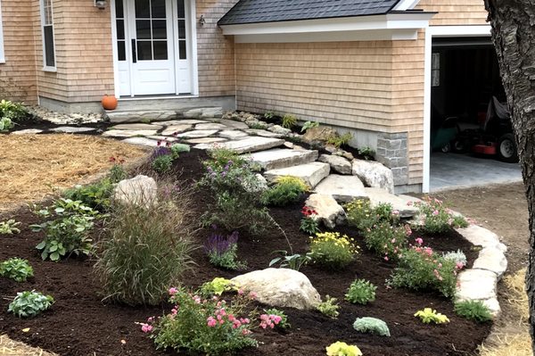 Native stone steps and patio and new planting bed.