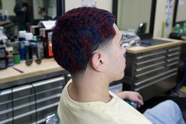 Tri-Color dyed Hair. W/Taper fade. Best Barbershop with the best experienced barbers in the High Desert.