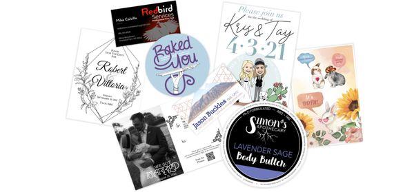 Invitations, mailers, stickers, business cards, etc!