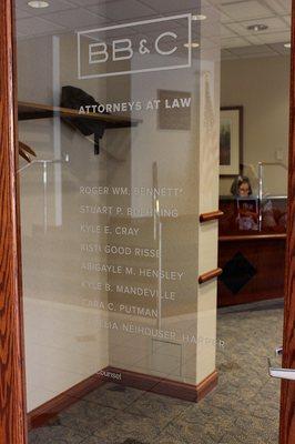 Closeup of the door to our office, all our attorneys.