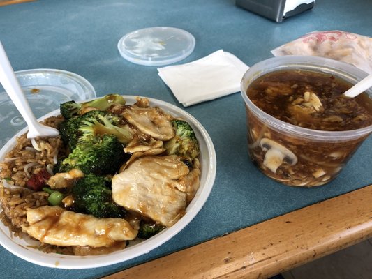 Chicken and broccoli, hot and sour soup