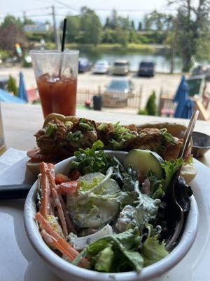 Shrimp Po' Boy, Side Salad with. Lue Cheese Dressing, and a Bloody Mary.