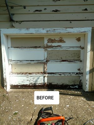 Scraped and pressure washed garage door.