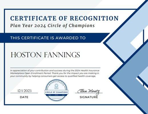 Certificate awarded to licensed insurance broker Hoston Fannings for providing free/low-cost healthcare through the healthcare marketplace.