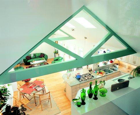 Palo Alto house remodeling and 2nd floor addition: view of the kitchen /family space from the mezzanine office