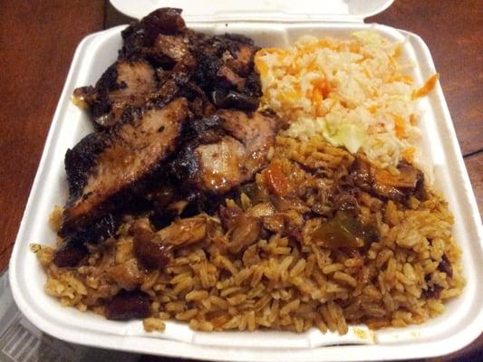 Jerk Pork w/rice and beans and coleslaw