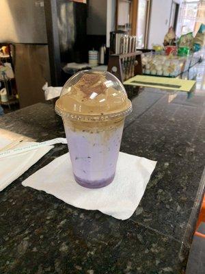 Lavender Dalgona (whipped coffee drink) at Glo Coffee Bar.