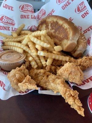 Delicious chicken, hot fries, garlic toast, and their special sauce at Raising Cane's in Wichita Falls Texas.