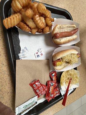 2 hot dogs, small fries, the small Sprite is on the table -- $20.