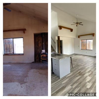 Open kitchen concept - new flooring, walls painted, kitchen island added.