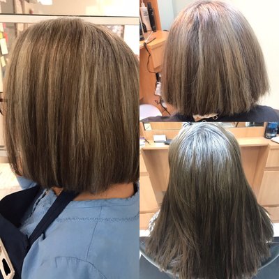 Before(bottom right)& after of a haircut & color.heavy highlighting, toned silver so her natural can grow out & left her base as lowlights