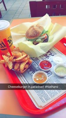 Delicious cheeseburger combo $8!! #Nathans