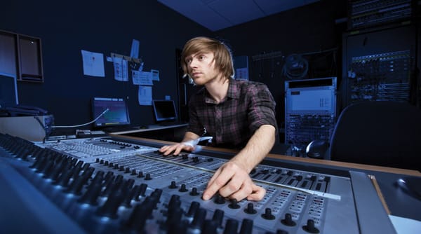 REI student at the mixing board doing a live session. Graduates have access to four studios 24/7!