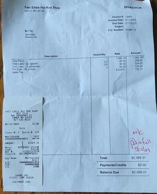 Receipt for work done negligently by Fast Eddie Hot Rod shop Lamar Missouri Broadway Street