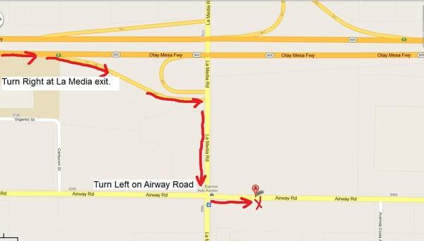 Merge onto CA-905East. Turn right at La Media Rd exit. Turn left at Airway Rd.