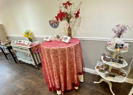 Tables of truffles, jellies, licorice, gummies, etc.