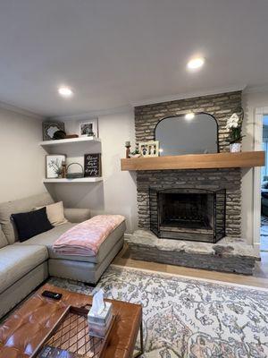 Floating shelves and mantel