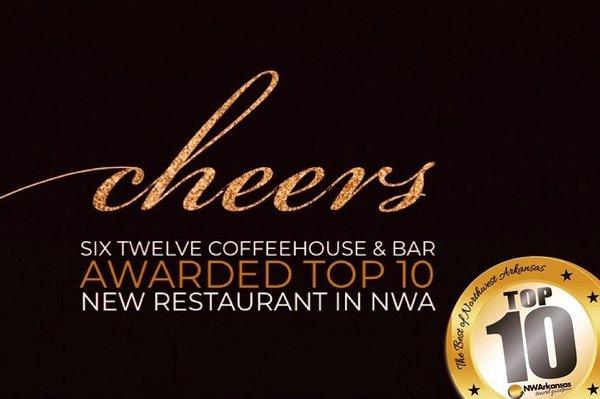 Thank you NWA Travel Guide for naming Six Twelve 1 of the top 10 new restaurants in NWA!