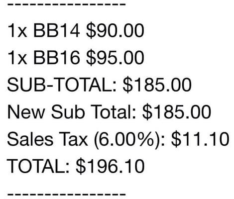 Detailed cost of Brazilian 14 and 16 inch hair purchased on 10/11/14.