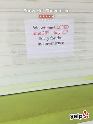 Will be closed on June 28-July 21