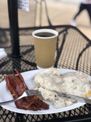 Bacon, vegan biscuits and gravy plus coffee