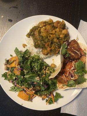 Cauliflower tacos, autumn harvest salad, and chana saag w/ roti.  All were great.