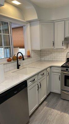 Total refresh! Quartz countertop, quartz sink, subway tile, painting, flooring, cabinets