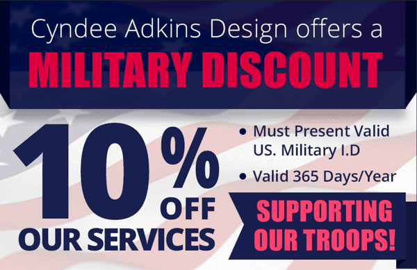 Cyndee Adkins Design offer a 10% military discount to individuals needing design or photography work.