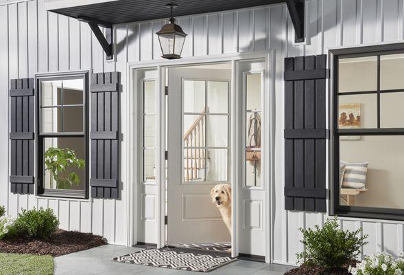 ThermaTru Smooth Star 3/4 Glass Entry door in Alpine White with black exterior windows