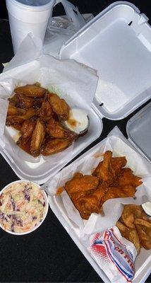 Hot Honey Garlic & Cajun Wings  With a side of Coleslaw and Curly Fries :)