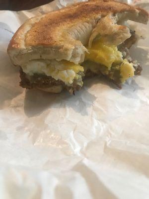 Egg, turkey sausage and cheese bagel.