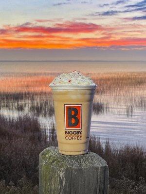 Snow Mint Mocha Latte with Sunrise over Lake Michigan