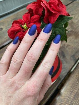 Fabulous blue color and shape of nails for the holidays.