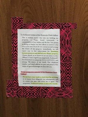 A complaint about Geitner's unethical behavior, taped to his door since he himself was hiding.