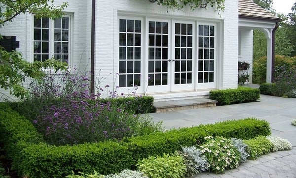 Natural bluestone patio complemented with textured perennials and a hedge of boxwood. Formal and timeless.