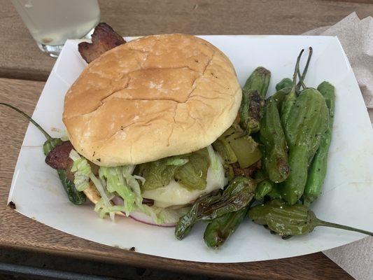 Chichura burger and shishito peppers