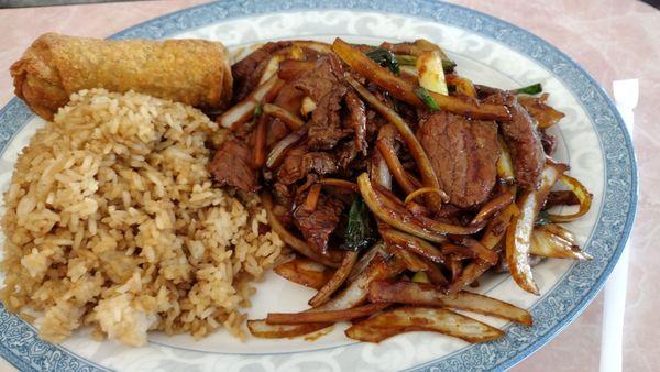 Mongolian beef with fried rice and an egg roll