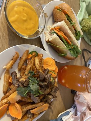 Banh mi cheese fries, brisket banh mi hoagie, bubble tea