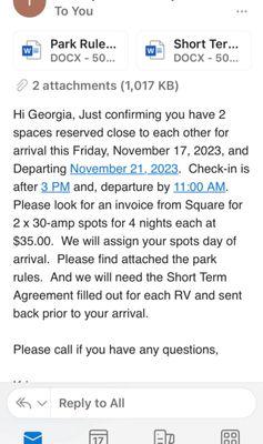 Email confirmation we didn't have reserved spots until arrival