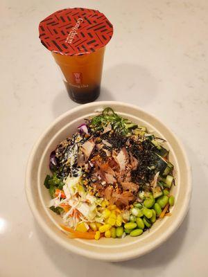 Poke bowl with passion fruit green tea